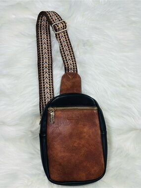 Two-Tone Brown & Black Crossbody Sling Bag with Patterned Strap